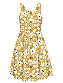 Girl's Summer Sundress Spaghetti Strap Button Down Midi Dress with Pockets