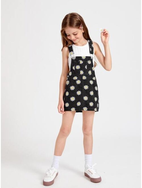 SHEIN Girls Daisy Print Pocket Front Denim Overall Dress
