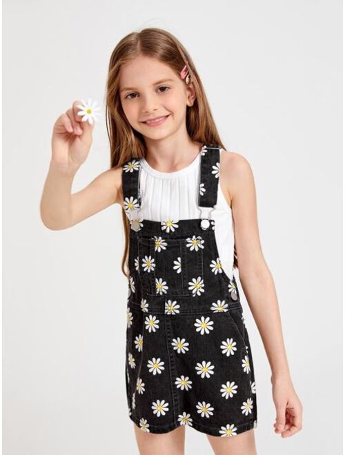 SHEIN Girls Daisy Print Pocket Front Denim Overall Dress
