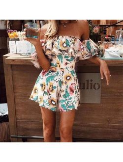 2019 Summer Short Jumpsuits Overall For Women New Lady Floral Printed Playsuit Jumpsuit Beach Summer Off Shoulder Ruffle Romper