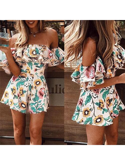 2019 Summer Short Jumpsuits Overall For Women New Lady Floral Printed Playsuit Jumpsuit Beach Summer Off Shoulder Ruffle Romper