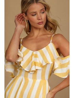Beach House Yellow and White Striped Off-the-Shoulder Romper