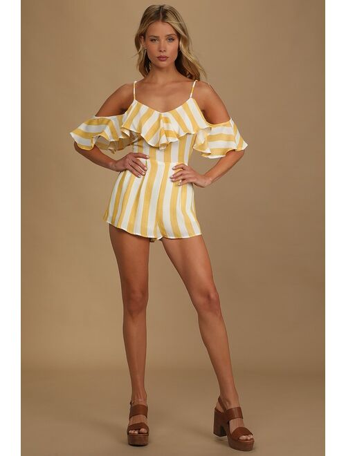 Lulus Beach House Yellow and White Striped Off-the-Shoulder Romper
