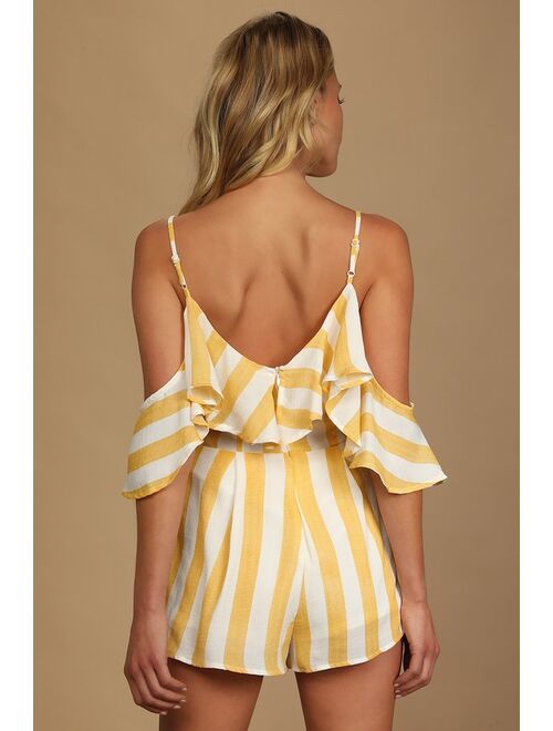 Lulus Beach House Yellow and White Striped Off-the-Shoulder Romper