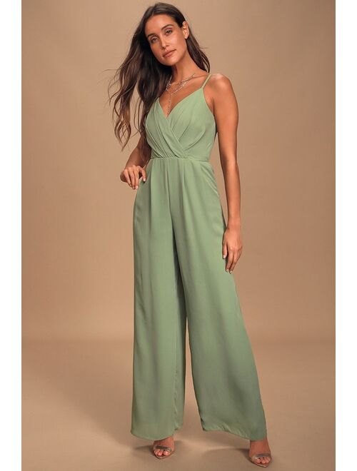 Lulus Call For Me Sage Green Faux Wrap Jumpsuit