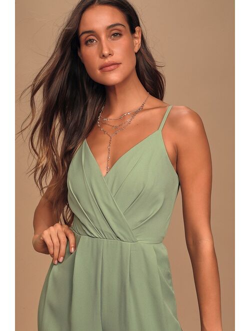 Lulus Call For Me Sage Green Faux Wrap Jumpsuit