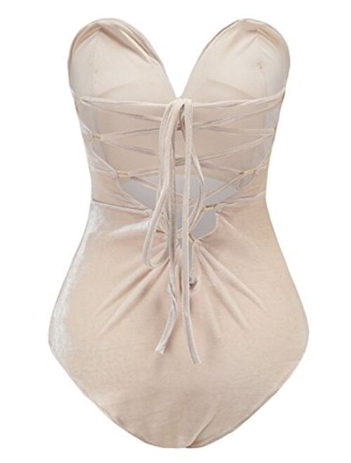 Choies Women's Burgundy/Black Sexy Plunge Neck Strapless Cross Back Velvet Bodysuit