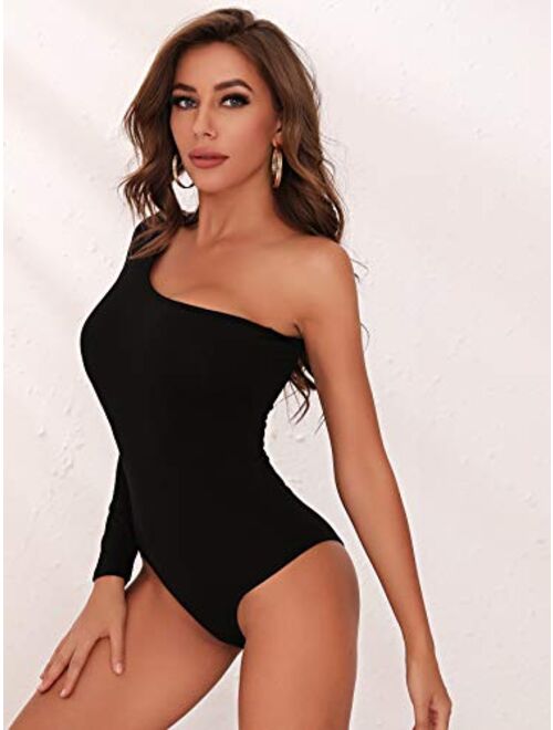 Milumia Women One Shoulder Long Sleeve Bodysuit Asymmetrical Neck Unitard Shapewear