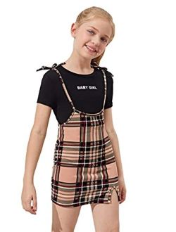 Girl's Cute Plaid Tie Strap Overall Dress Split Hem Pinafore Dress