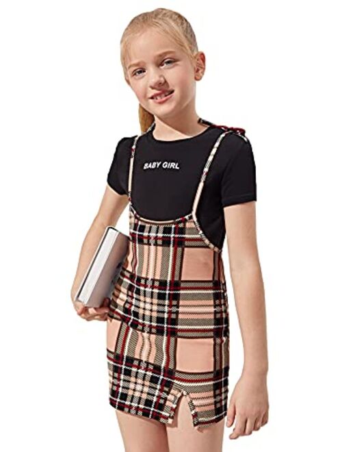 Romwe Girl's Cute Plaid Tie Strap Overall Dress Split Hem Pinafore Dress