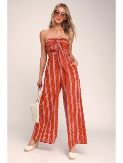 Raine Washed Red Print Strapless Jumpsuit
