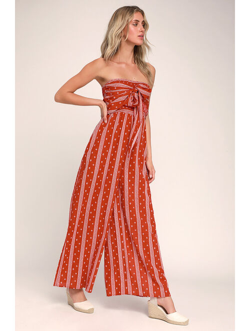 Lulus Raine Washed Red Print Strapless Jumpsuit