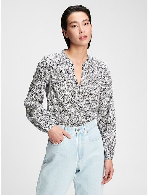 GAP Printed Deep V Neck Shirred Popover Top