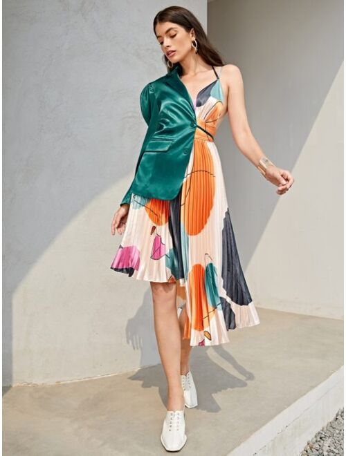 SHEIN X Sayndo Gigot Sleeve Satin Blazer & Graphic Pleated Cami Dress Set