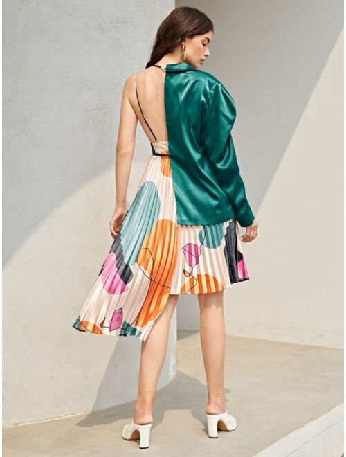 SHEIN X Sayndo Gigot Sleeve Satin Blazer & Graphic Pleated Cami Dress Set