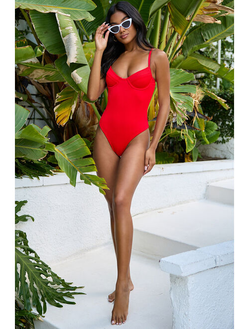 Lulus On the Beachy Side Red Ribbed Underwire One-Piece Swimsuit