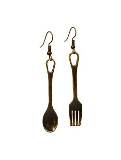 Sterling Bronze Decorative Utensils of"Fork and Spoon" Lunch Dinner Set Novelty Fashion Dangle Earrings (earring2002)