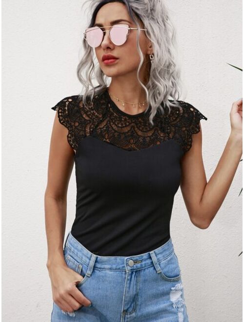 Shein Solid Guipure Lace Panel Top