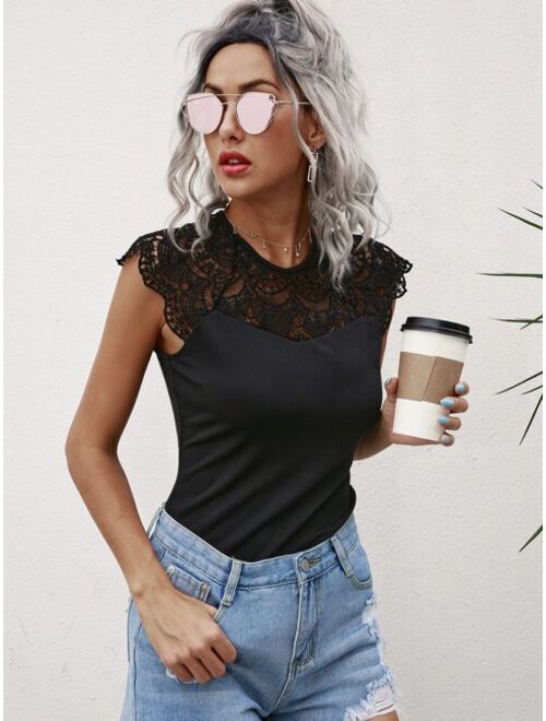 Shein Solid Guipure Lace Panel Top