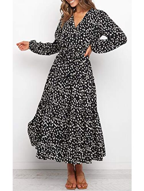 MITILLY Women's Boho Leopard Print Ruffle Long Sleeve V Neck Casual Flowy Party Maxi Dress