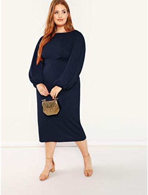 Milumia Women's Plus Size Round Neck Long Lantern Sleeve Bodycon Belted Dress
