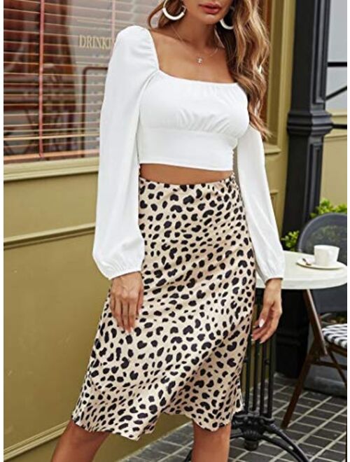 Remidoo Women's Leopard Print Puff Long Sleeve Square Neck Crop Blouse Tops