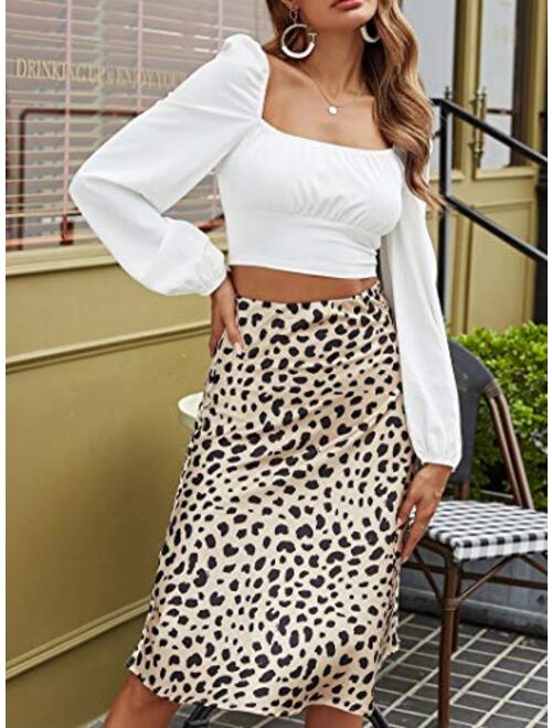 Remidoo Women's Leopard Print Puff Long Sleeve Square Neck Crop Blouse Tops