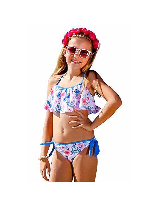 Sun Emporium Little Girls Ocean Blue Floral Print Criss Cross 2 Pcs Swimsuit 4-6 