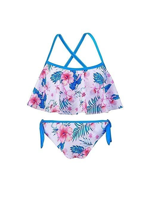 Sun Emporium Little Girls Ocean Blue Floral Print Criss Cross 2 Pcs Swimsuit 4-6 