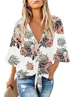 Women's Casual Floral Blouse Batwing Sleeve Loose Fitting Shirts Boho Knot Front Tops