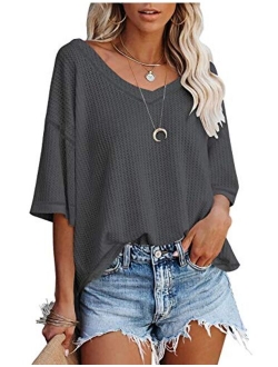Women's V Neck Batwing Half Sleeve Shirts Waffle Knit Loose Blouse Solid Color Tops