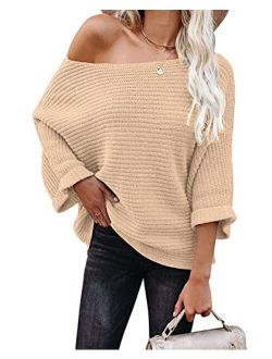 KIRUNDO Women's Off Shoulder Sweaters Batwing 3/4 Sleeves Casual Loose Fit Solid Pullovers Knit Jumper