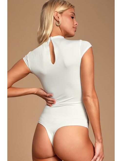 Lulus Sleek Style White Funnel Neck Bodysuit