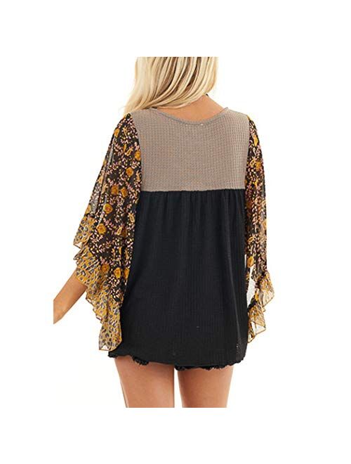 casuress Womens Floral Printed 3 4 Sleeve Shirt Batwing Loose Tops Blouses Pollover
