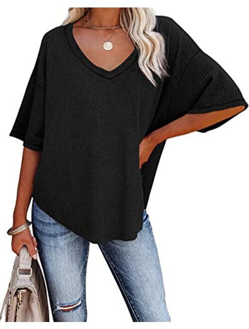 REVETRO Womens Casual V Neck T Shirts Half Sleeve Loose Waffle Knit Tunic Tops Batwing Sleeve Blouses