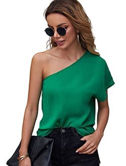 Women's One Shoulder Batwing Half Sleeve T Shirt Asymmetrical Solid Tee Tops