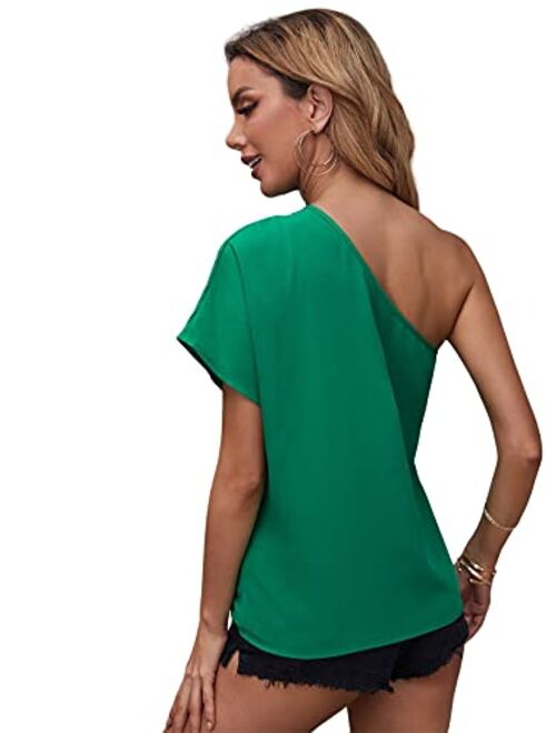 SheIn Women's One Shoulder Batwing Half Sleeve T Shirt Asymmetrical Solid Tee Tops