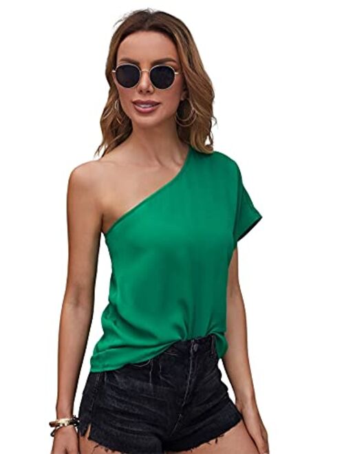 SheIn Women's One Shoulder Batwing Half Sleeve T Shirt Asymmetrical Solid Tee Tops