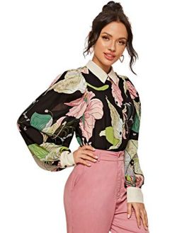 Women's Elegant Tropical Print Lantern Long Sleeve Button Down Lapel Blouse Tops
