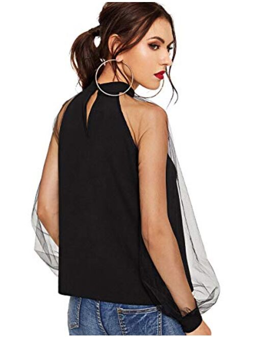 Romwe Women's Mesh Sheer Long Sleeve Puff Solid Loose Party Blouse Tops