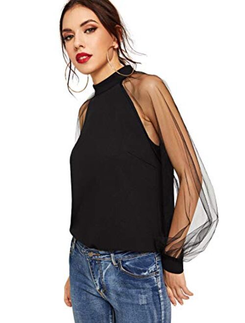 Romwe Women's Mesh Sheer Long Sleeve Puff Solid Loose Party Blouse Tops