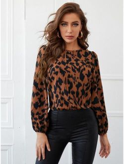 Keyhole Back Lantern Sleeve Colorblock Top