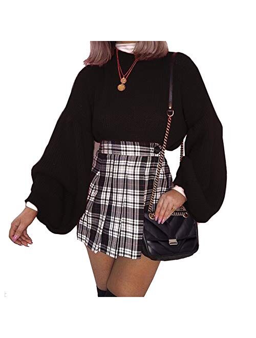 PRETTYGARDEN Women's Loose Drop Shoulder Lantern Sleeve Round Neck Fashion Pullover Sweater Tops