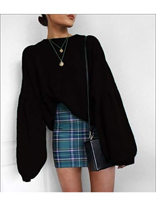 PRETTYGARDEN Women's Loose Drop Shoulder Lantern Sleeve Round Neck Fashion Pullover Sweater Tops