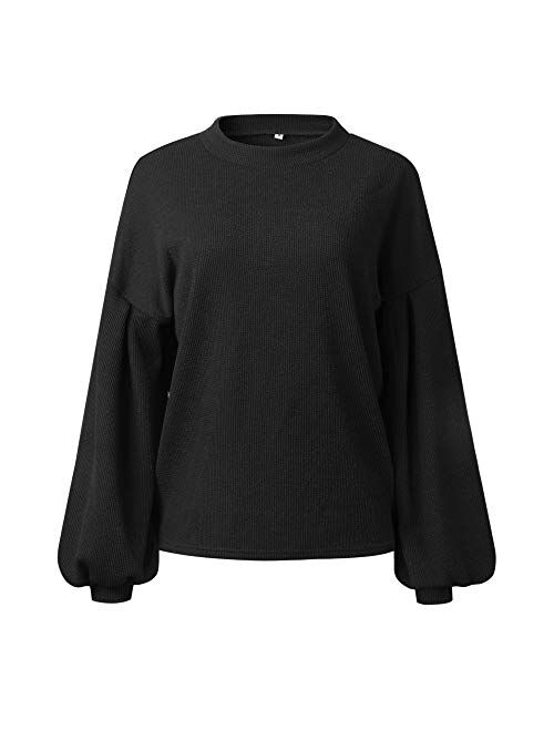 PRETTYGARDEN Women's Loose Drop Shoulder Lantern Sleeve Round Neck Fashion Pullover Sweater Tops