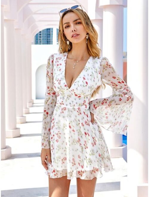 Shein Double Crazy Plunging Neck Bell Sleeve Allover Floral Print Chiffon Dress