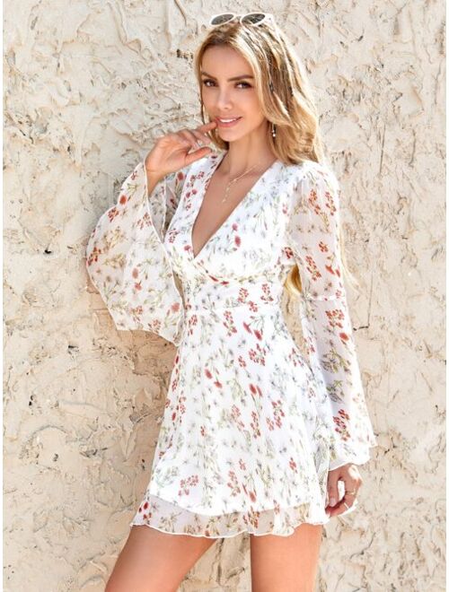 Shein Double Crazy Plunging Neck Bell Sleeve Allover Floral Print Chiffon Dress