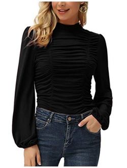 Womens Long Lantern Sleeve High-Neck Ruched Front Fitted Blouse