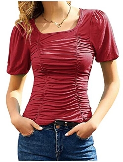 Womens Long Lantern Sleeve High-Neck Ruched Front Fitted Blouse