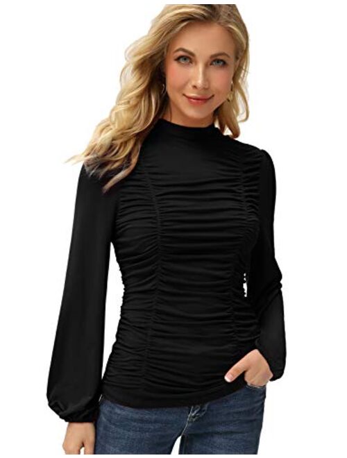 GRACE KARIN Womens Long Lantern Sleeve High-Neck Ruched Front Fitted Blouse